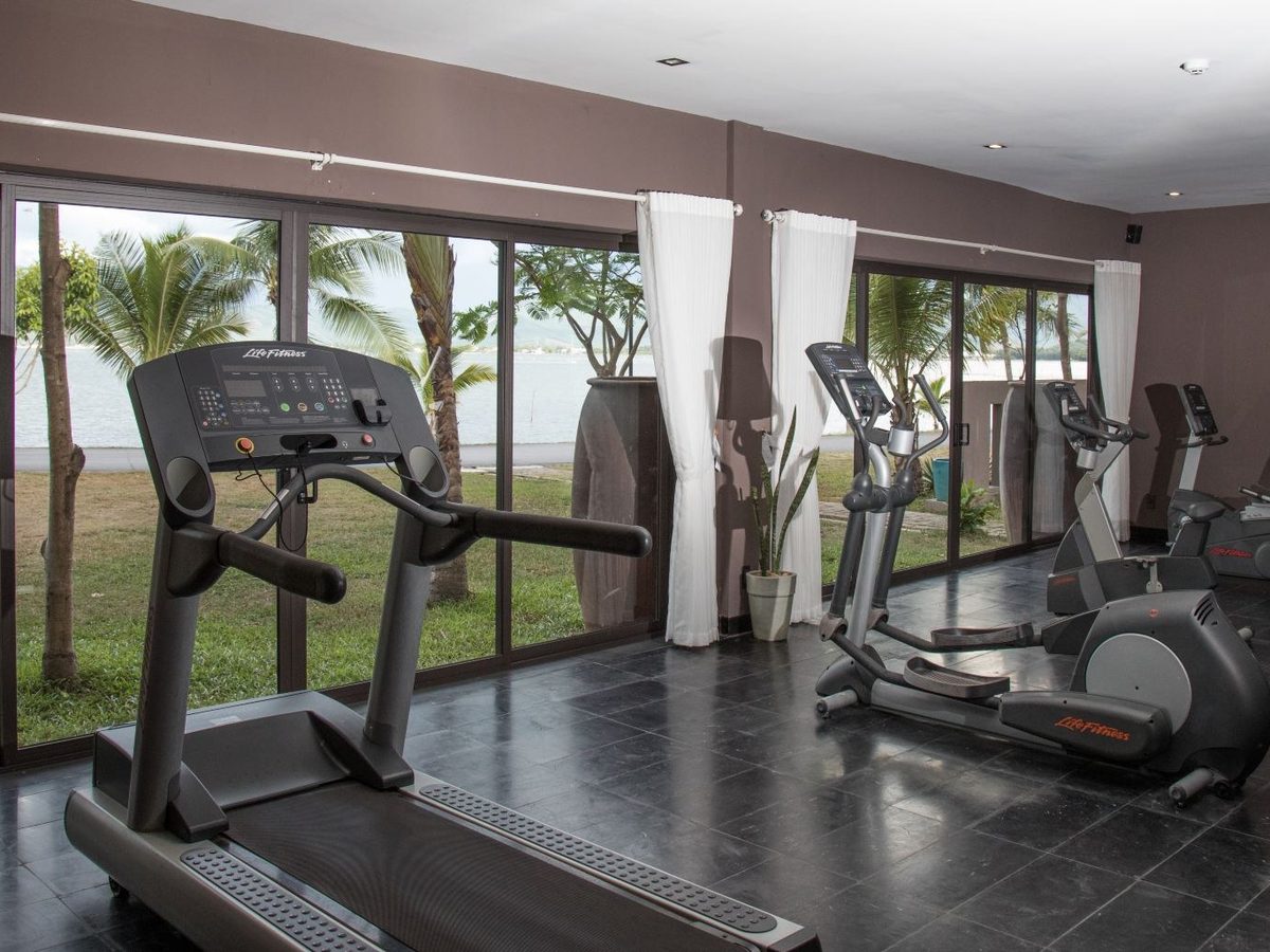 Gym with a treadmill, cross-trainer and exercise bikes facing floor-to-ceiling glass doors onto a lawn with palm trees