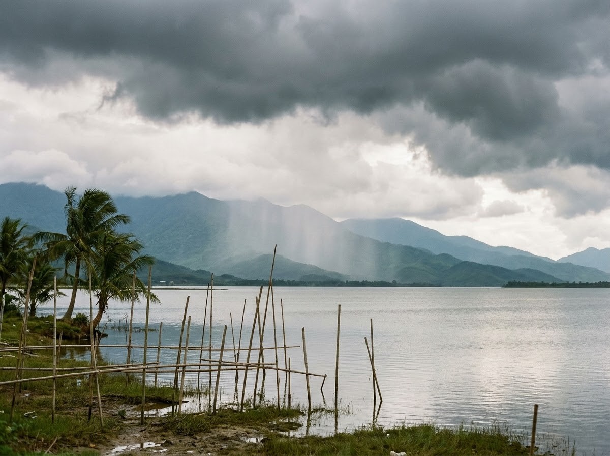 Grey rain clouds over a wide, calm lagoon with misty mountains on the far shore and rows of fishing stakes in the water