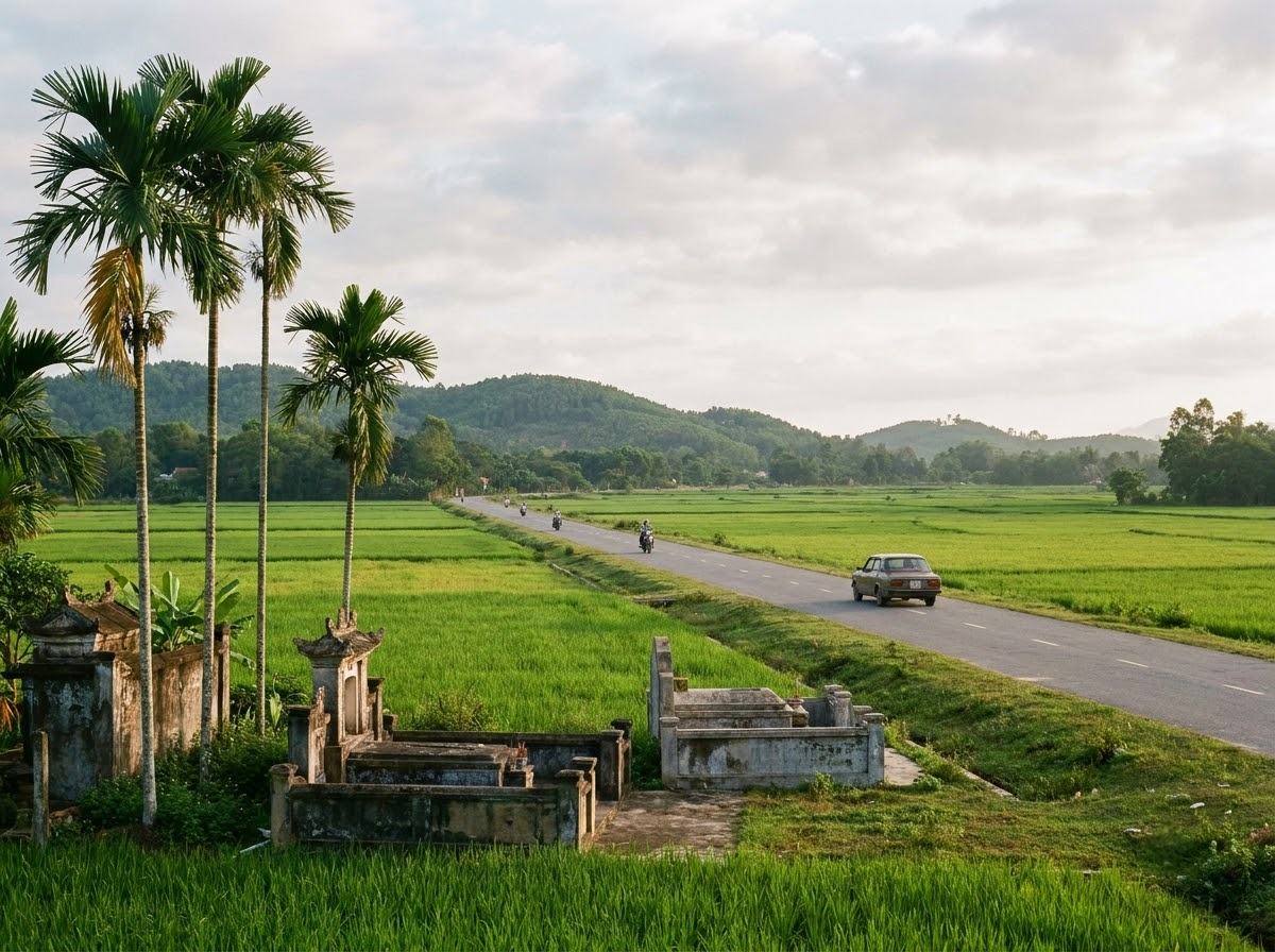 Two-lane highway running between green rice fields toward low forested hills under a cloudy sky