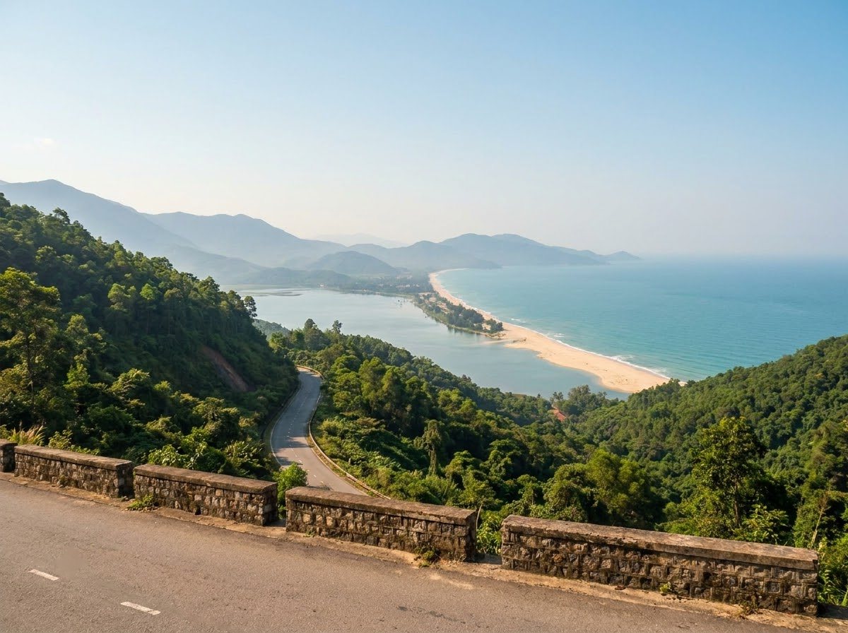 Mountain road curving above the sea, with a long sandy spit and a lagoon spread out below
