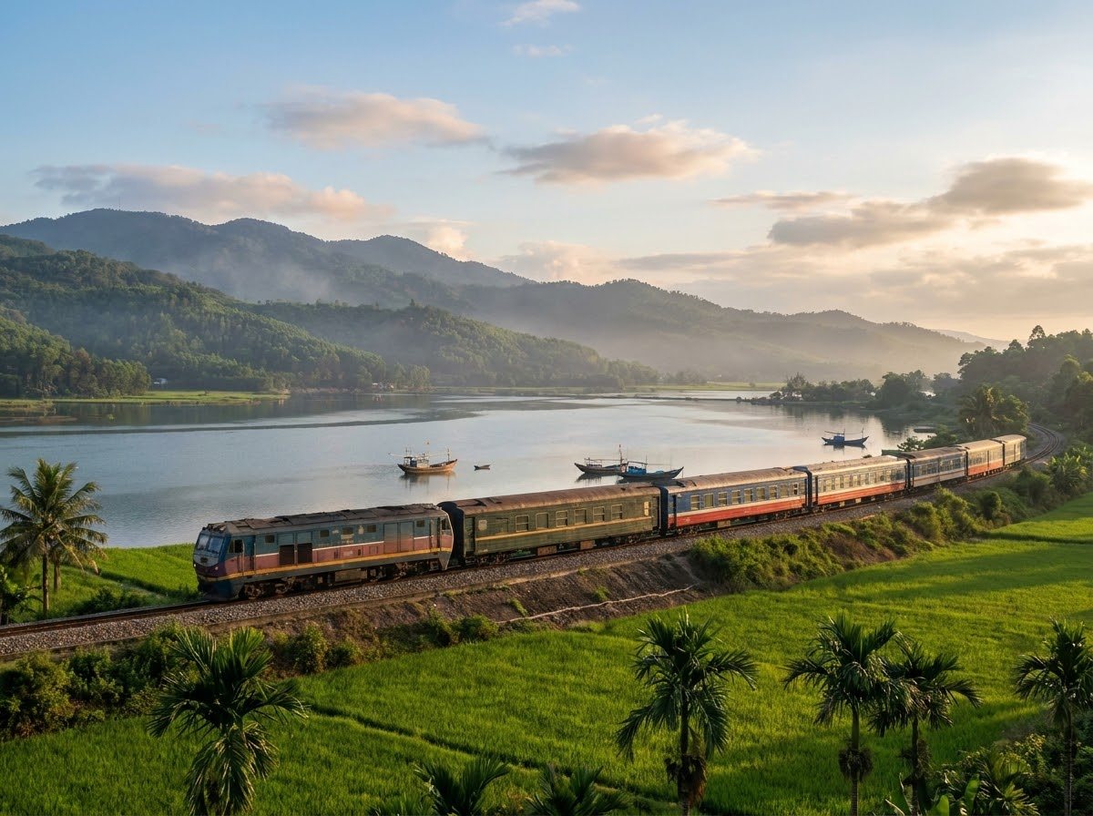 Blue and white passenger train on a single track running along a lagoon shore with hills behind