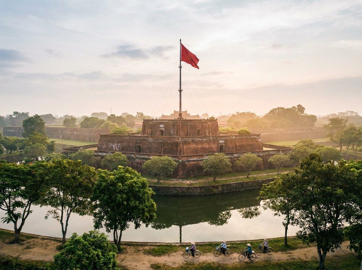 Massive stone gateway with a two-tiered pavilion roof above it, seen across a lotus-filled moat