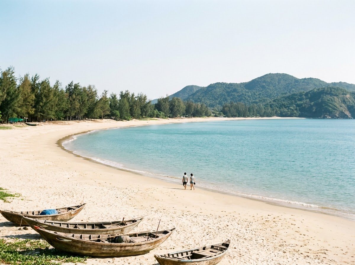 Wide bay of pale sand backed by casuarina trees, with small wooden fishing boats pulled up near the waterline and a mountain headland at one end