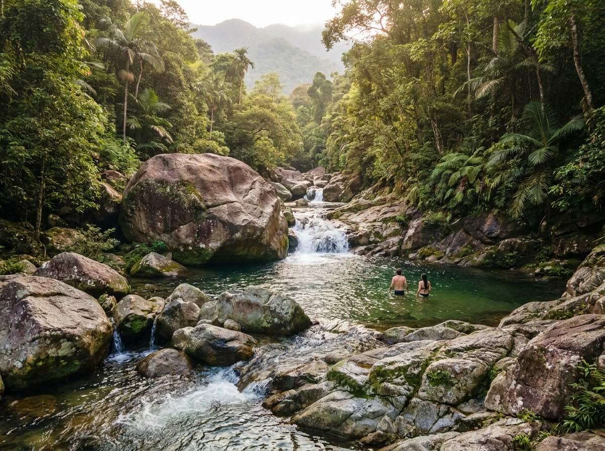 Clear stream tumbling over large gray boulders into green pools, with dense forest on both banks