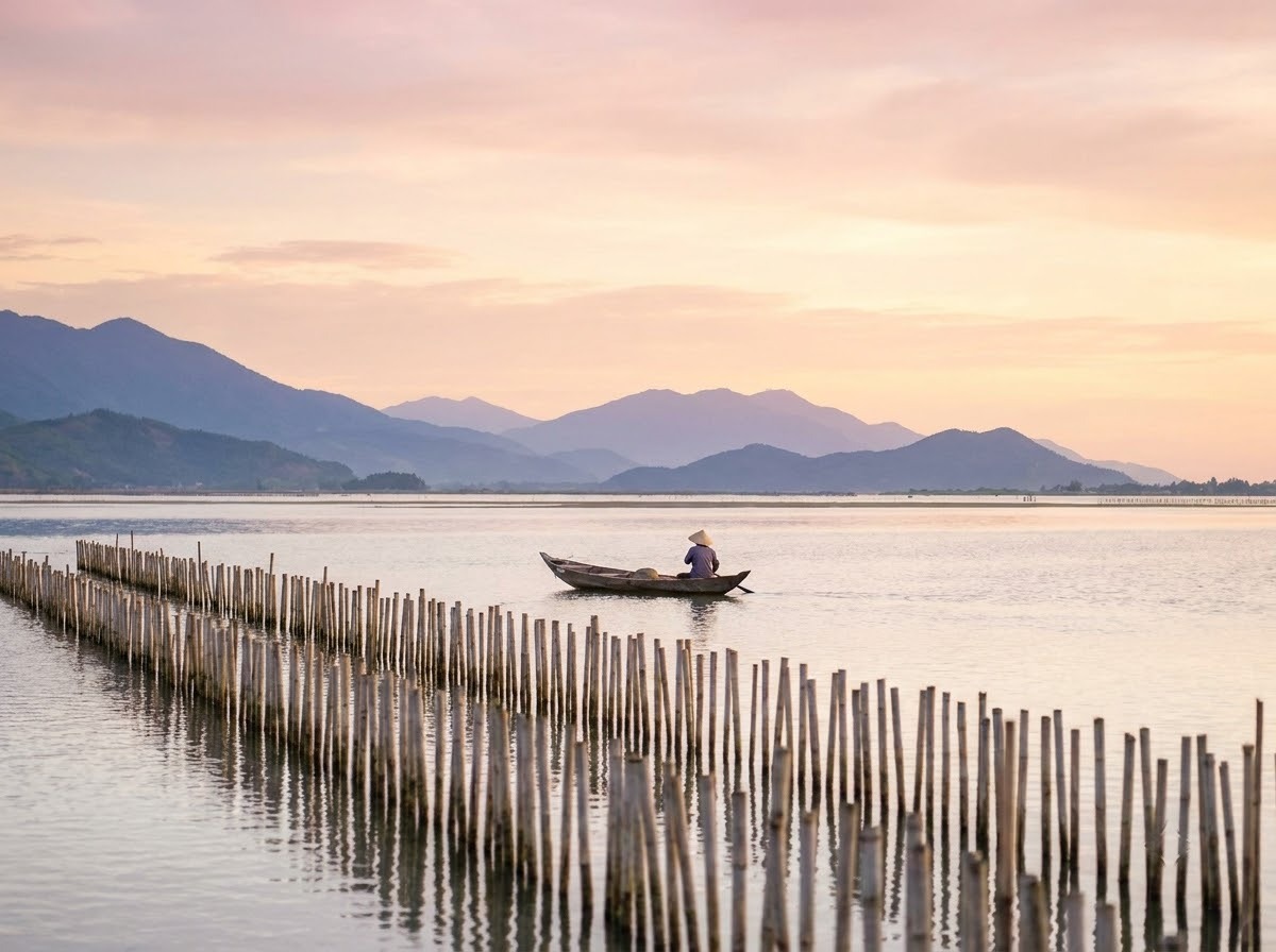 Calm lagoon at dawn with lines of bamboo fish-trap stakes, a small wooden boat and layered blue mountains on the far shore