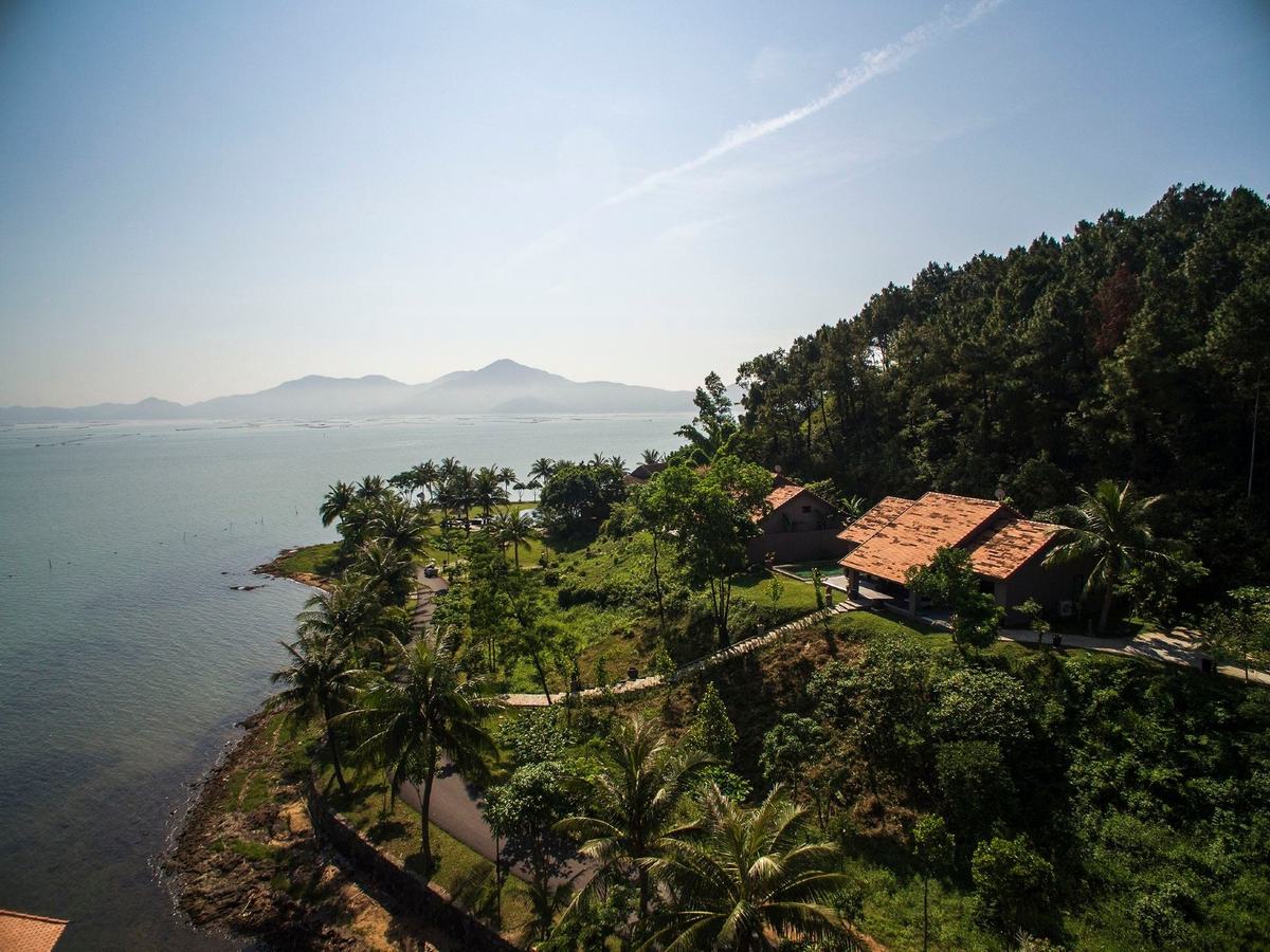 Tile-roofed villa among pine trees on a green slope, a road curving along a rocky shore and hazy mountains across the water
